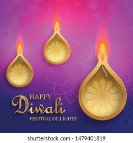 Happy Divali festival, Diya lamp with fire lighting for Diwali, Deepavali or Dipavali, the indian festival of lights on color background