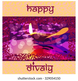 happy divaly vector greeting card purple with yellow & red