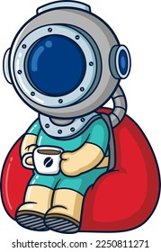 happy diver drinking coffee cup and sitting on red chair of illustration
