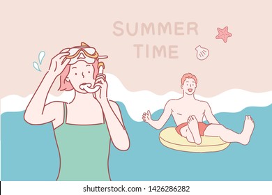 Feliz buceo en la playa. Ilustraciones de diseño vectorial de estilo dibujado a mano durante el verano.