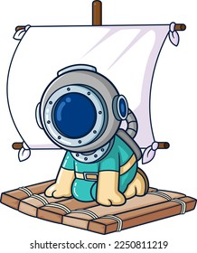 Happy diver sailing yacht with adrenaline racing water of illustration