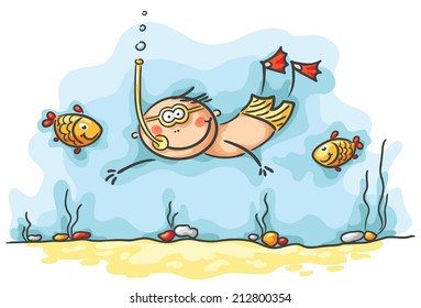 A happy diver swimming underwater with fishes