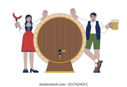 Happy diverse adults neat beer cask cartoon flat illustration. Man and woman celebrating octoberfest 2D characters isolated on white background. Traditional alcohol feast scene vector color image