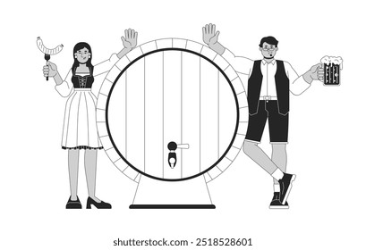 Happy diverse adults neat beer cask cartoon black and white line illustration. Man and woman celebrating octoberfest 2D linear characters isolated. Traditional feast monochrome vector outline image