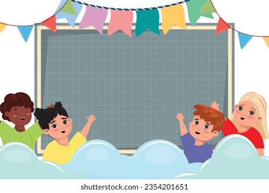 Niños felices y diversos detrás de las nubes parados al lado del pizarrón. Ilustración de dibujos animados coloridos 
