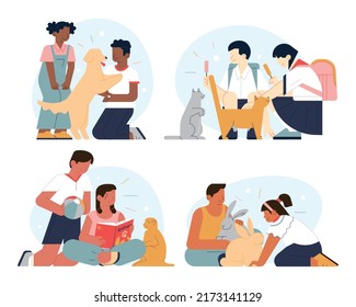 Happy diverse children playing with animals set. Cute child of color with stray animal or pets. Black, asian, indian and mexican kids spending time together. Flat vector illustration