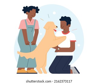 Happy diverse children playing with a dog. Cute child of color with stray animal or pet. Black kids spending time together outside. Flat vector illustration