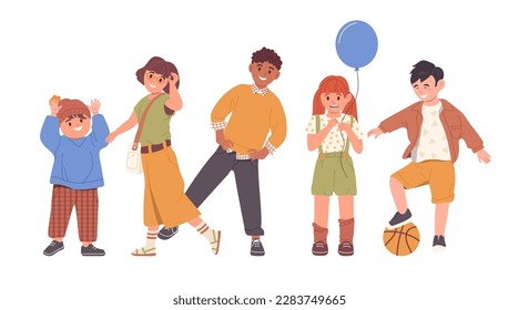 Happy diverse children smiling feeling positive emotion standing in different pose cartoon set