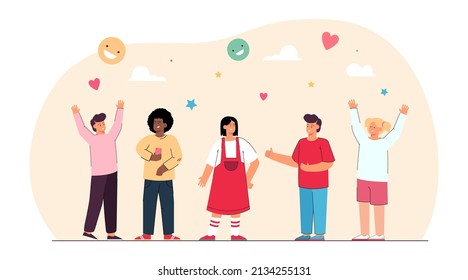 Happy diverse children standing in row flat vector illustration. Group of international or multi ethnic girls and boys talking and smiling Kindergarten, teamwork, unity, friendship concept