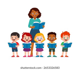Crianças diversas felizes e professor lendo livros juntos em uma ilustração de sala de aula