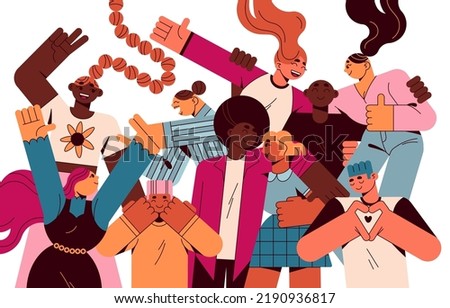 Happy diverse community with different men, women characters. Group of multiethnic young people smiling, supporting, loving. Youth team portrait. Flat vector illustration isolated on white