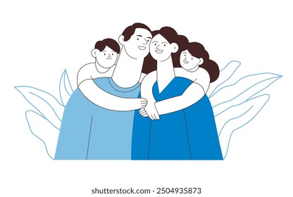 Happy Diverse Couple and Children Embracing Each Other on Abstract Background. Family Health and Wellness. Black and White Modern Flat Vector Illustration. Website Banner Template.