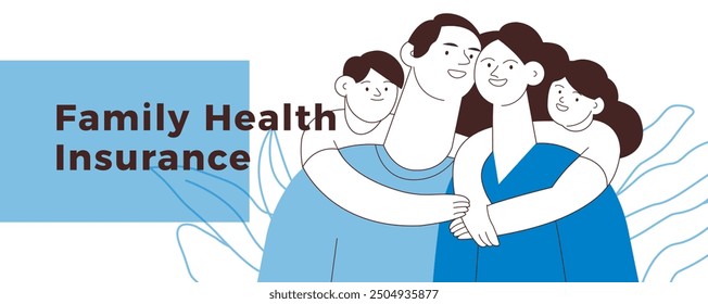 Happy Diverse Couple and Children Embracing Each Other on Abstract Background. Family Health and Wellness. Black and White Modern Flat Vector Illustration. Website Banner Template.