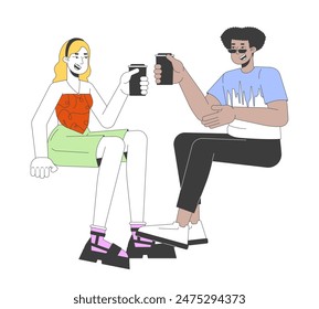 Happy diverse couple with drinks 2D linear cartoon characters. Multiracial man and woman date isolated line vector people white background. Informal communication color flat spot illustration