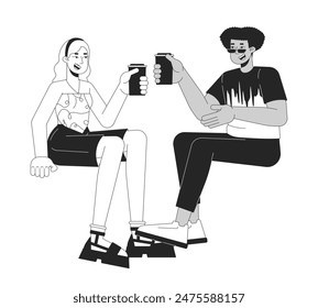 Happy diverse couple with drinks black and white 2D line cartoon characters. Multiracial man and woman date isolated vector outline people. Informal communication monochromatic flat spot illustration