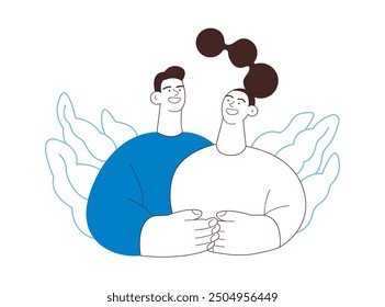 Happy Diverse Couple Embracing Each Other on Abstract Background. Family Health and Wellness. Black and White Modern Flat Vector Illustration. Website Banner, Landing Page Template.