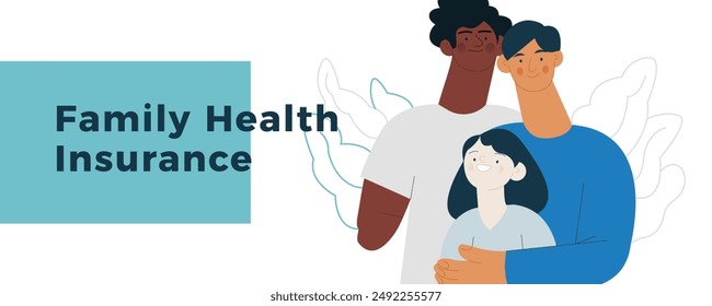 Happy Diverse Couple of Same Male Gender and Female Child Embracing Each Other. Male with One Disable Arm. Family Health and Wellness. Modern Vector Illustration. Website Banner, Landing Page Template