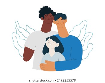 Happy Diverse Couple of Same Male Gender and Female Child Embracing Each Other. Male with One Disable Arm. Family Health and Wellness. Modern Vector Illustration. Website Banner, Landing Page Template