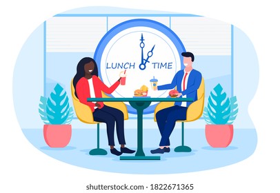 Happy diverse couple or work colleagues a man and a woman having lanch together. Flat vector illustration