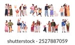 Happy diverse families set. Traditional heterosexual parents with kids. Father, mother and child, different ethnicity. Mom, dad, children. Flat vector illustration isolated on white background