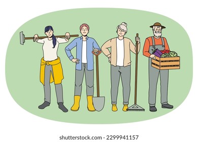 Happy diverse farmers with tools involved in organic farming and rustic cultivation. Men and women gardeners growing eco products. Village gardening and agriculture. Vector illustration.