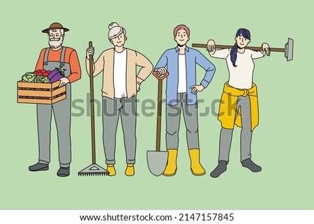 Happy diverse farmers with tools involved in organic farming and rustic cultivation. Men and women gardeners growing eco products. Village gardening and agriculture. Vector illustration. 