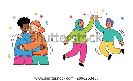Happy diverse friends and couples showing affection through warm hugs and high fives to celebrate positive relationships and friendship.