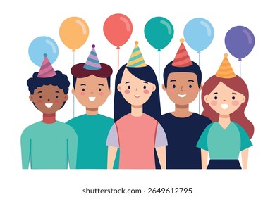 Happy Diverse Friends Group Birthday Party Celebration Cartoon Illustration