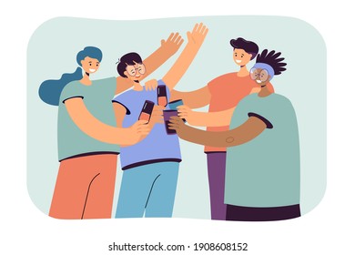 Happy diverse friends hanging out together, gathering for party, having fun, drinking alcohol, toasting cocktails, celebrating festive event. Cheers, friendship, entertainment vector illustration