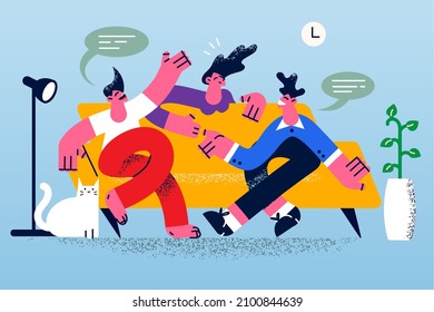 Happy diverse friends sit on sofa at home talking and chatting on weekend together. Smiling young people have fun involved in conversation communication on lockdown. Vector illustration. 