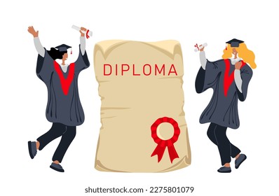 Happy diverse graduates dancing in academic gown, graduation caps near diploma. Students celebrate university graduation.Vector illustration