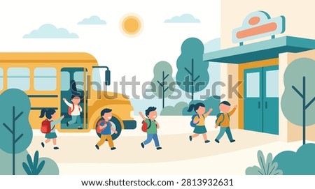 Happy diverse group of primary school children arriving at the campus by yellow bus on a bright sunny morning for education and learning