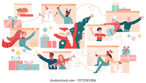 Happy diverse group of young and elderly people celebrating Christmas and New Year. Santa, families friends greet online from screens of computer, smartphone, laptops. Set of flat vector illustrations