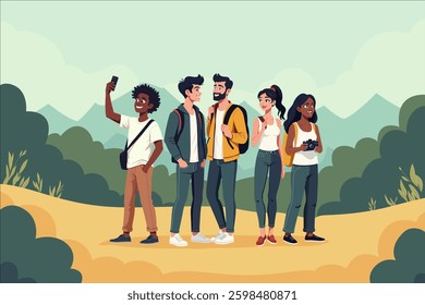 Happy diverse group of young friends hiking together in natural landscape taking selfie photo
