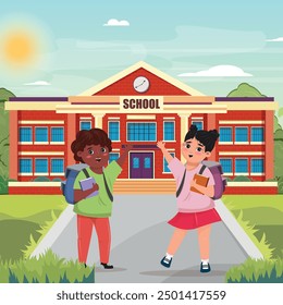 Happy diverse kids, black boy and white girl going back to school, waving in front of the school building