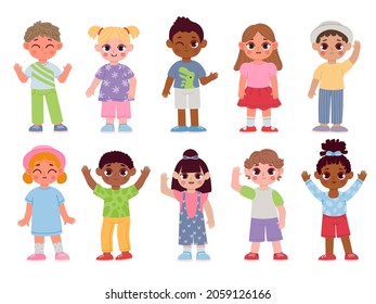 Happy diverse kids characters waving hands and greeting. Cartoon children boys and girls with bye or hello gestures. Flat student vector set. Multicultural kindergarten fashionable toddlers