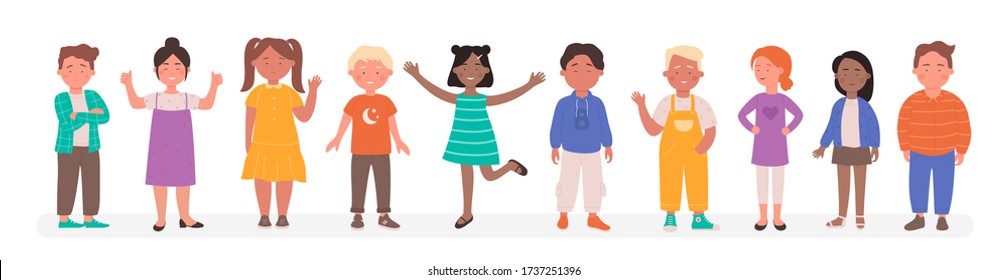 Happy diverse kids vector illustration. Cartoon flat child characters group of different race smiling, preschool or school small boy and girl standing together in line, children set isolated on white