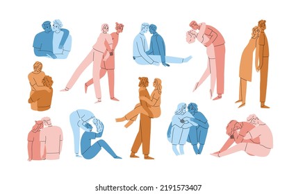 Happy diverse love couples set. Abstract men, women in romantic relationship, kisses, hugs. Different heterosexual and homosexual amour. Flat graphic vector illustrations isolated on white