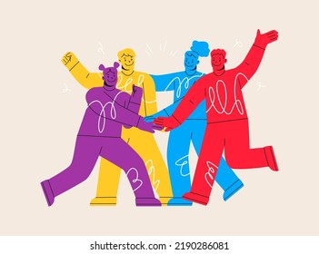 Happy diverse man and woman friends putting hands together. Support and cooperation concept. Colorful vector illustration
 