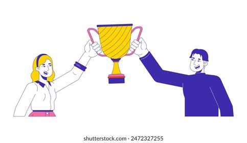 Happy diverse man and woman holding winner cup 2D linear cartoon characters. Joyful winners with award isolated line vector people white background. Leadership color flat spot illustration