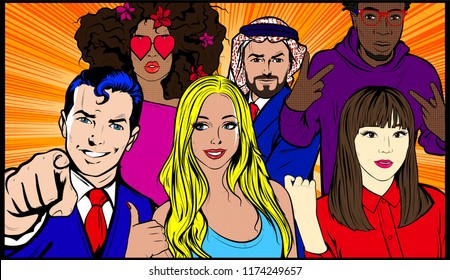 Happy and diverse multi-ethnic group of young people in colorful casual clothing standing together. Pop Art Comic book style, retro, vintage illustration