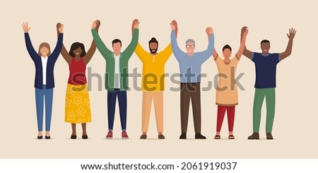 Happy diverse multiethnic people standing together holding hands, unity is power and togetherness concept