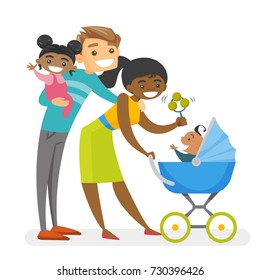 Happy Diverse Multiracial Family With Kids. Young Caucasian White Father Holding Daughter And African-american Mother Pushing Stroller With Baby. Vector Isolated Cartoon Illustration.