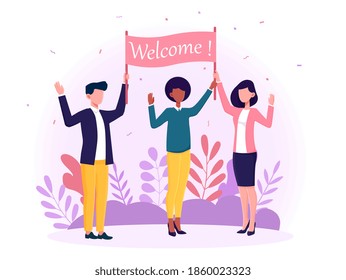 Happy diverse multiracial man and women welcoming new people. Concept of attracting diverse businesswomen and businessmen. Flat cartoon vector illustration with fictional characters