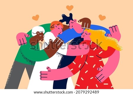 Happy diverse multiracial people hug cuddle show unity and bonding. Smiling multiethnic friends embrace demonstrate love and care in relationship. Friendship, support concept. Vector illustration. 