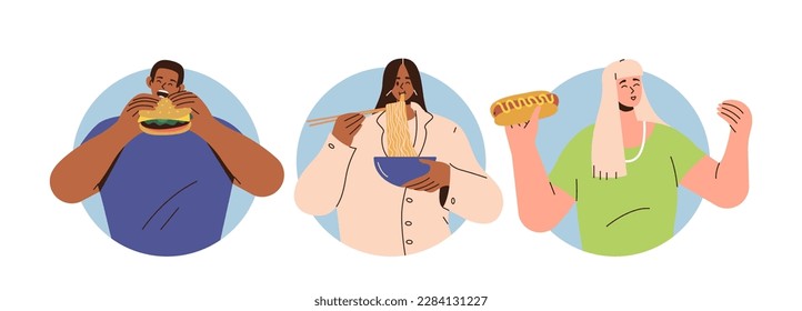 Happy diverse people character eating fast food from oriental, Italian and American restaurant