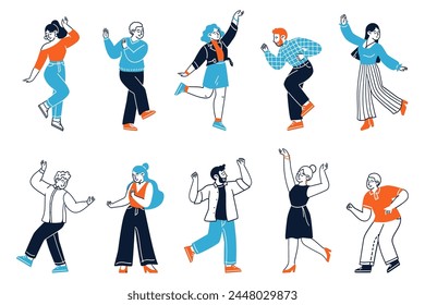 Happy diverse people characters dancing isolated set