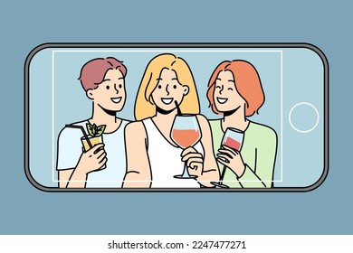 Happy diverse people drink cocktails make selfie on cellphone. Smiling friends enjoy celebration take self-portrait picture on smartphone. Vector illustration. 