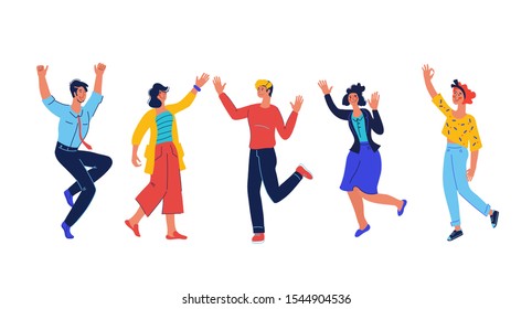 Happy diverse people group jumping for joy, having fun together. Friendship, business and personal succeess achievement celebration. Men and women cartoon characters vector illustration isolated.
