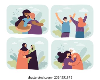 Happy diverse people hugging vector illustrations set. Friends, couples, family members of different race, age and religion cuddling and supporting each other. Diversity, relationship, love concept